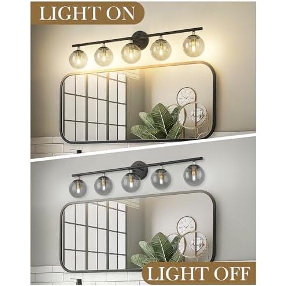 Light Matte Black Vanity Light, Modern Bathroom Lighting Over Mirror, Black and Brass Gold Finish with Globe Glass Shade