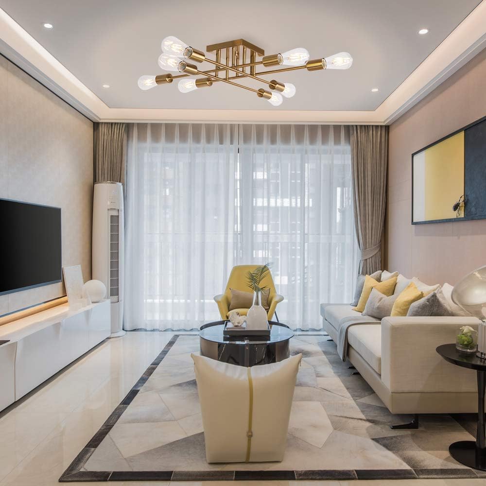 2 Modern Semi Flush Mount Light 8 Light Brushed Brass Industrial Sputnik Ceiling Light Mid Century Lighting Fixture for Dining Room Living Room Kitchen Bedroom Foyers