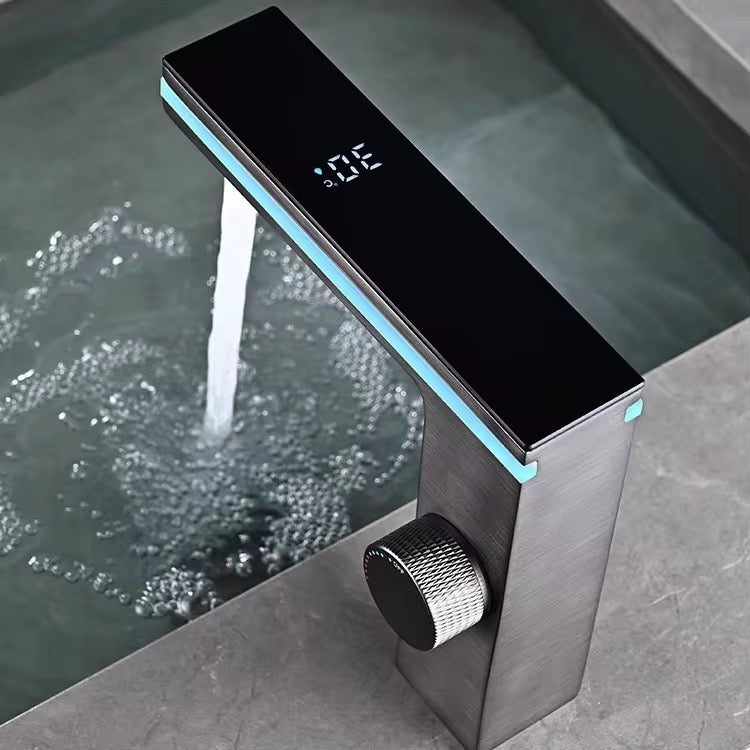 Click to see full view Modern Touch Sensor LED Bathroom Faucet – Matte Grey Smart Water Tap with Temperature Display, Knob Control & Streamline Design – Single Hole, Deck-Mount