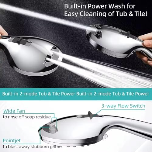 8-mode Handheld Shower Head - Anti-clog Nozzles, Built-in Power Wash to Clean Tub, Tile & Pets. Stainless Steel, Wall & Overhead Brackets