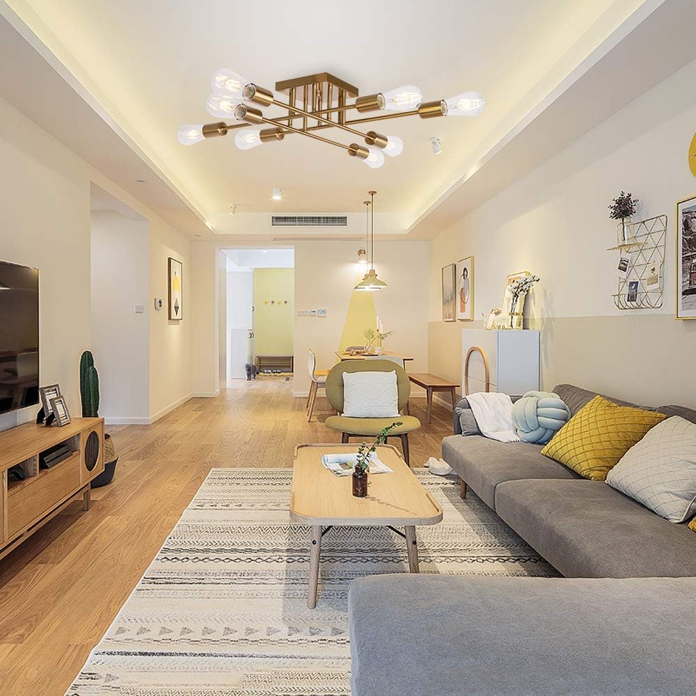 2 Modern Semi Flush Mount Light 8 Light Brushed Brass Industrial Sputnik Ceiling Light Mid Century Lighting Fixture for Dining Room Living Room Kitchen Bedroom Foyers