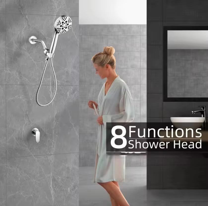 8-mode Handheld Shower Head - Anti-clog Nozzles, Built-in Power Wash to Clean Tub, Tile & Pets. Stainless Steel, Wall & Overhead Brackets