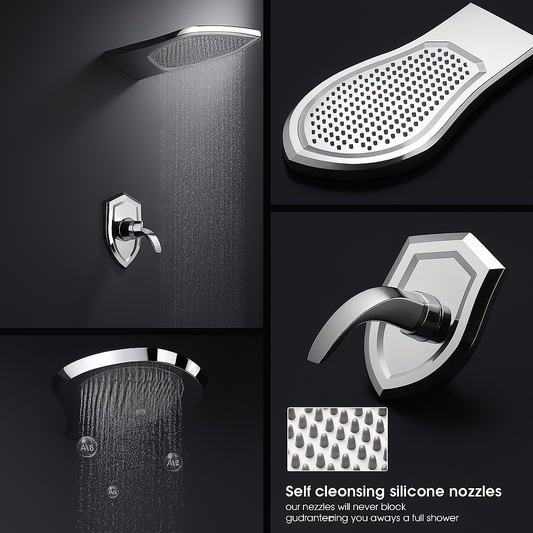 Luxury Rainfall Shower System with Shield Handle – Wall-Mounted Chrome Shower Set with Self-Cleaning Silicone Nozzles, Air Injection Technology & Easy Install Valve – Modern Bathroom Fixture