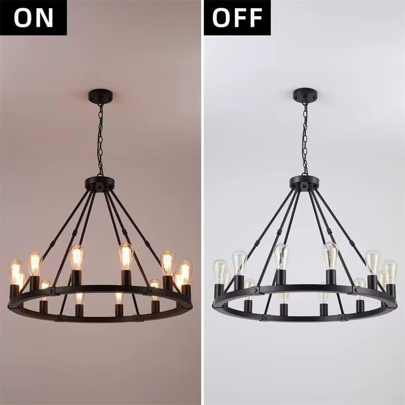 8 Lights Wagon Wheel Chandelier, Black Kitchen Island Lighting Fixture Round Metal Industrial Farmhouse Dining Room Pendant Light for Living Room Foyer Entryway,E26 Socket, 23.6".