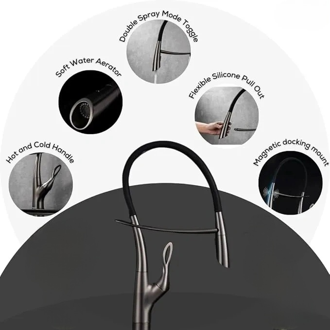 Scratch Resistant Kitchen Faucet, Magnetic Docking Spray Holder, Pull Down Sprayer with Dual Spray Mode, Luxury high-end Kitchen Faucet with Black Silicone spout, Kitchen Upgrade