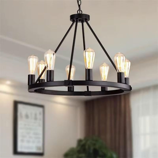 8 Lights Wagon Wheel Chandelier, Black Kitchen Island Lighting Fixture Round Metal Industrial Farmhouse Dining Room Pendant Light for Living Room Foyer Entryway,E26 Socket, 23.6".