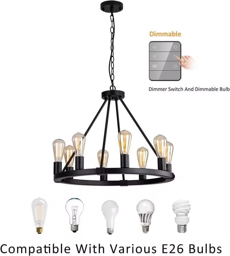 8 Lights Wagon Wheel Chandelier, Black Kitchen Island Lighting Fixture Round Metal Industrial Farmhouse Dining Room Pendant Light for Living Room Foyer Entryway,E26 Socket, 23.6".