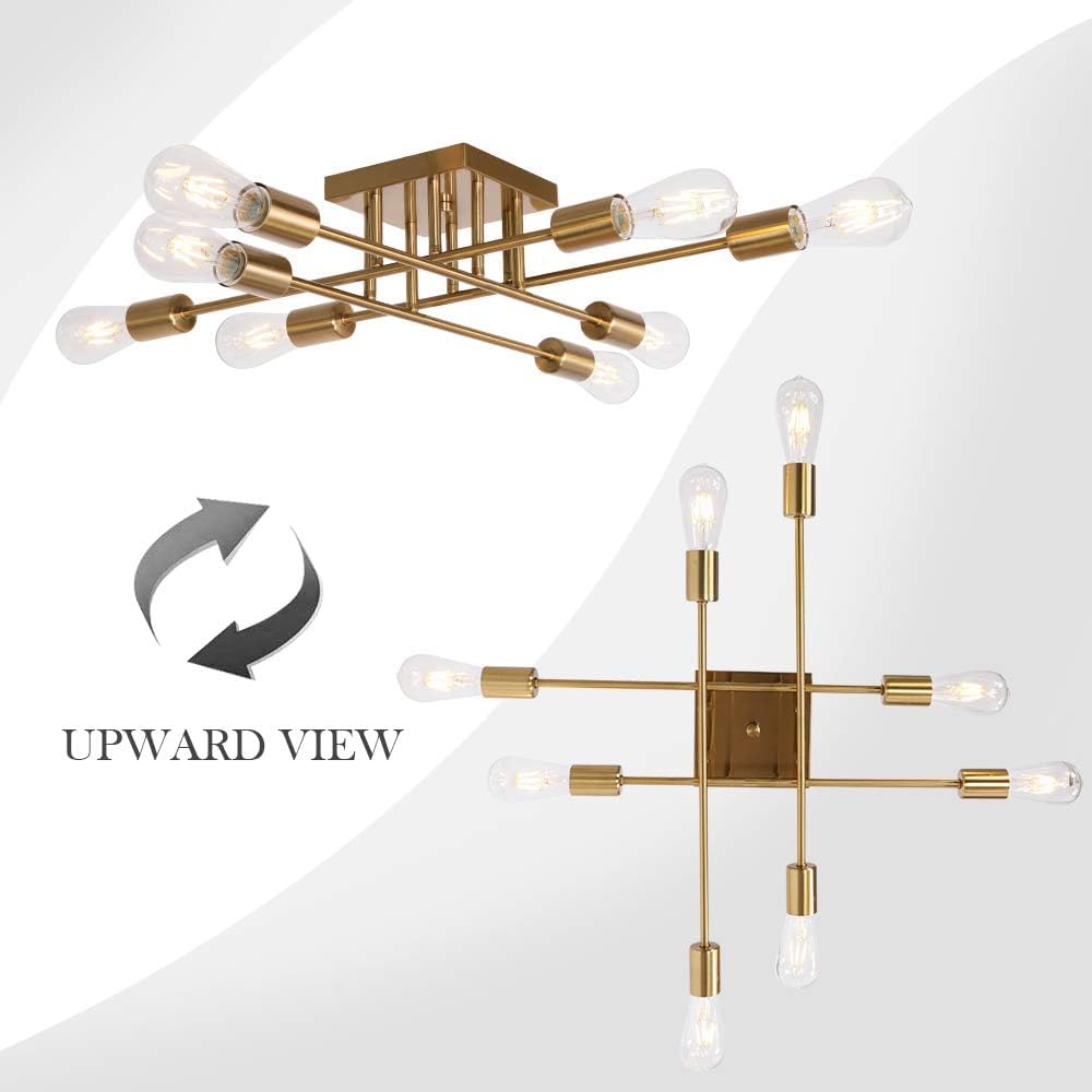 2 Modern Semi Flush Mount Light 8 Light Brushed Brass Industrial Sputnik Ceiling Light Mid Century Lighting Fixture for Dining Room Living Room Kitchen Bedroom Foyers