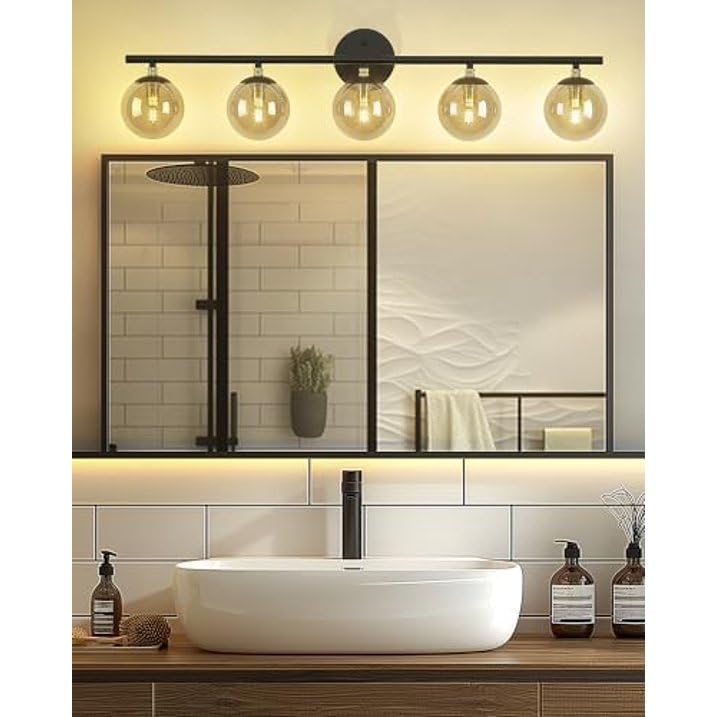 Light Matte Black Vanity Light, Modern Bathroom Lighting Over Mirror, Black and Brass Gold Finish with Globe Glass Shade