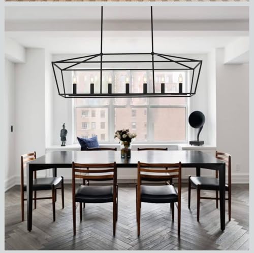 Light Dining Room Light Fixtures Over Table, Farmhouse Chandelier Light Fixture Black Industrial Linear Pendant Lights Kitchen Island Candle Lantern Chandelier