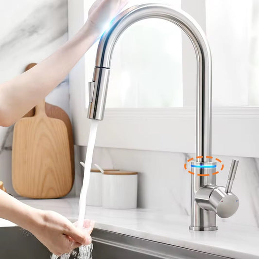 Luxury Modern Design Brass Goumet Pull Down Smart Touch Sensor Kitchen Faucet with Led 3 Way Water Saving Faucet Hot Cold Mixers Tap