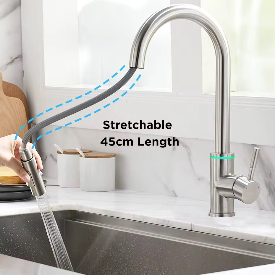 Luxury Modern Design Brass Goumet Pull Down Smart Touch Sensor Kitchen Faucet with Led 3 Way Water Saving Faucet Hot Cold Mixers Tap