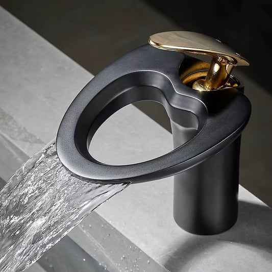 Modern Waterfall Bathroom Faucet, Brass, Hot and Cold Water Faucet L001(Black and Gold Short)