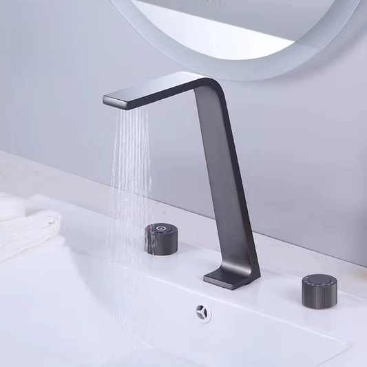 Modern Waterfall Bathroom Faucet – Contemporary Single Hole Basin Tap with Dual Knobs – Brushed Black Finish, Durable Solid Brass Construction