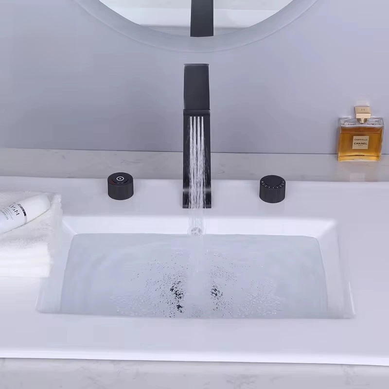 Modern Waterfall Bathroom Faucet – Contemporary Single Hole Basin Tap with Dual Knobs – Brushed Black Finish, Durable Solid Brass Construction