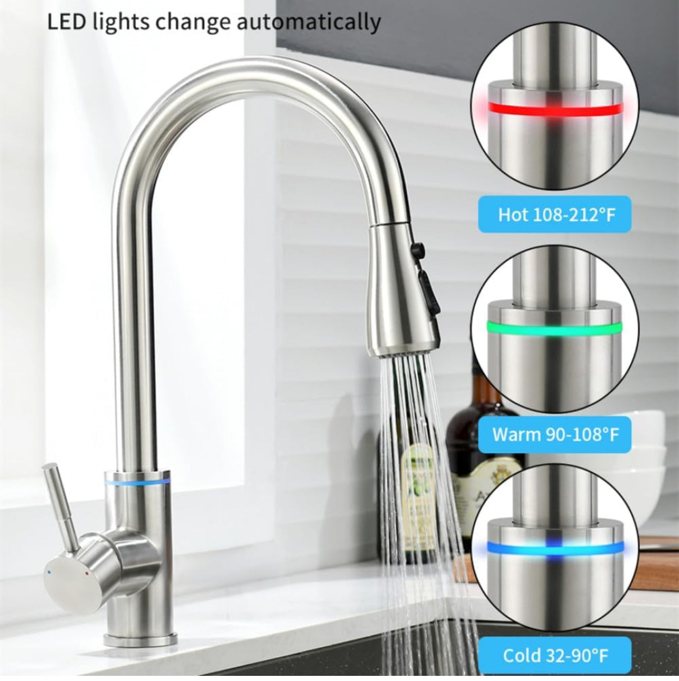 Luxury Modern Design Brass Goumet Pull Down Smart Touch Sensor Kitchen Faucet with Led 3 Way Water Saving Faucet Hot Cold Mixers Tap