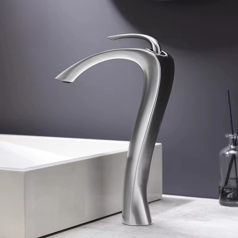 Luxury Brushed Nickel Bathroom Faucet – Artistic Tall Vessel Sink Faucet, Single Handle, High Arc Modern Design – Solid Brass, Water-Saving, Easy Installation