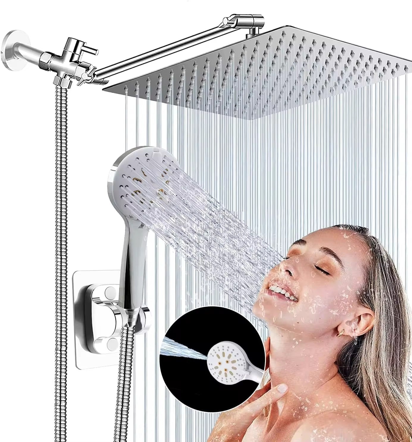 Shower Head, 8'' High Pressure Rainfall Shower Head/Handheld Showerhead Combo with 11” Extension Arm, Anti-leak Shower Head with Holder/Hose, Flow Regulator S 1