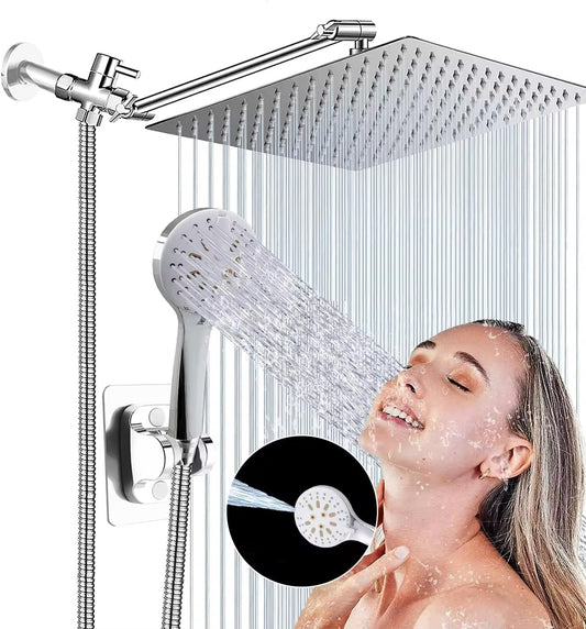 Shower Head, 8'' High Pressure Rainfall Shower Head/Handheld Showerhead Combo with 11” Extension Arm, Anti-leak Shower Head with Holder/Hose, Flow Regulator S 1