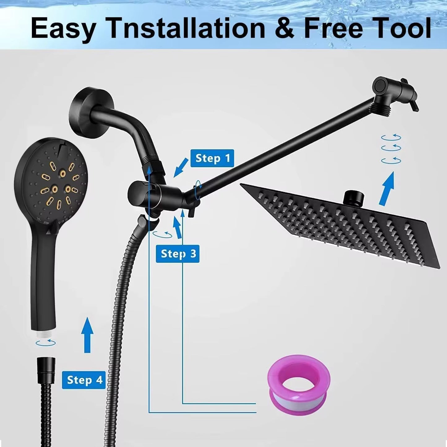 Shower Head, 8'' High Pressure Rainfall Shower Head/Handheld Showerhead Combo with 11” Extension Arm, Anti-leak Shower Head with Holder/Hose, Flow Regulator S 1