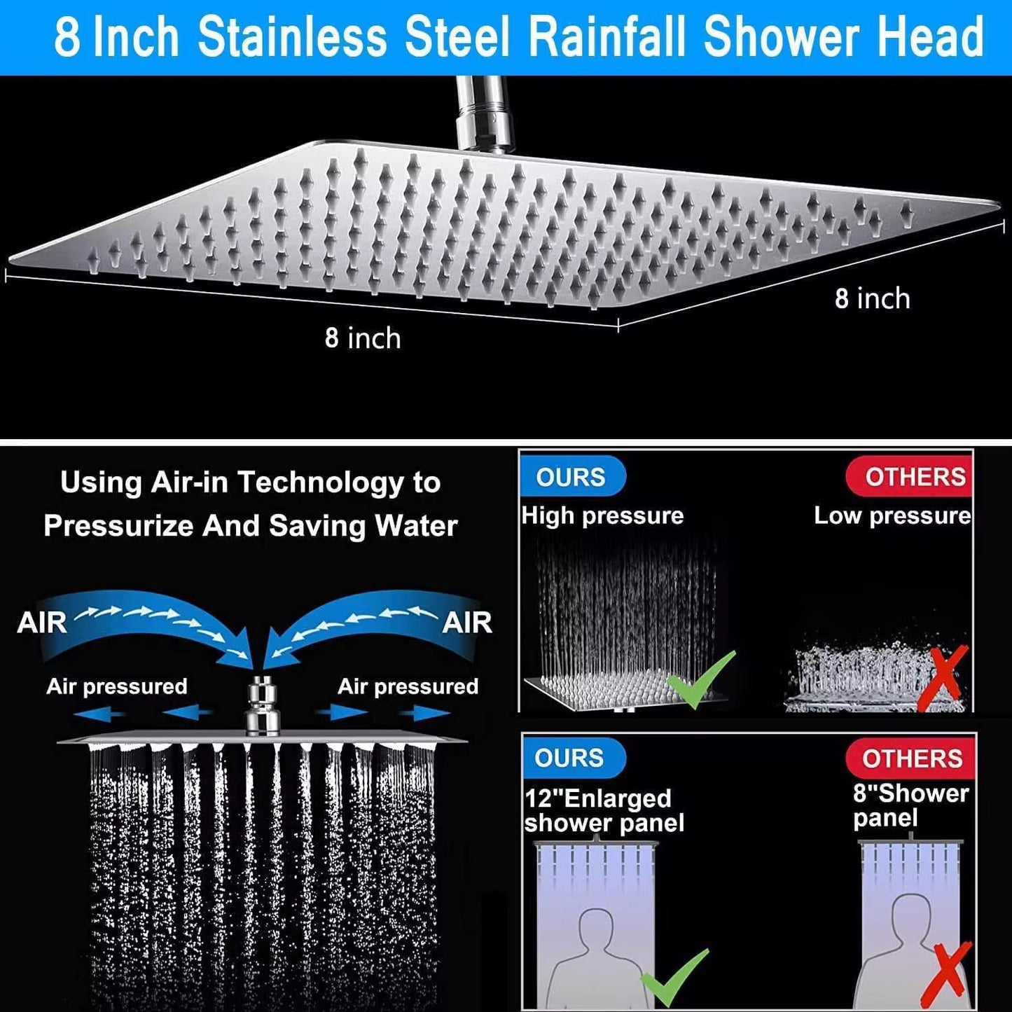 Shower Head, 8'' High Pressure Rainfall Shower Head/Handheld Showerhead Combo with 11” Extension Arm, Anti-leak Shower Head with Holder/Hose, Flow Regulator S 1