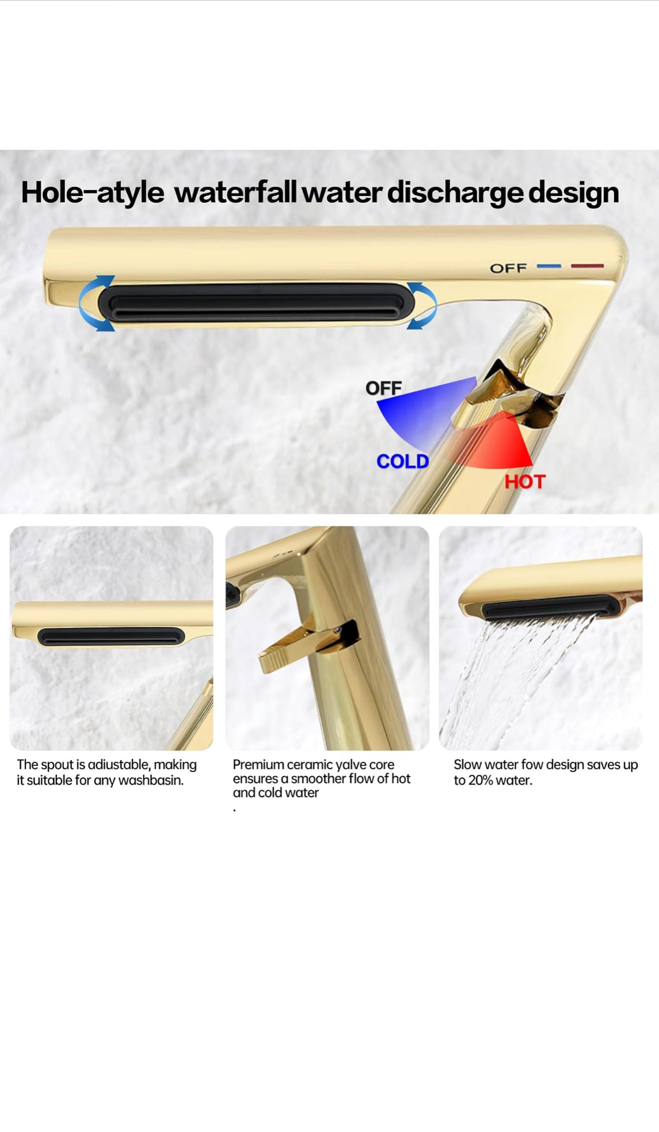 Bathroom Sink Faucet, Waterfall Bathroom Faucet for 1 Hole, Single Handle Faucets, Brass Bathroom Faucet with 2 Supply Hoses for Rv Sink Vanity Restroom