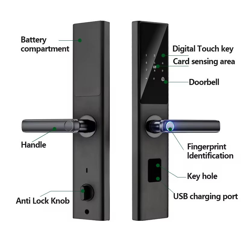 Smart Electronic Door Lock with Fingerprint Biometric, App Control, Smart Card, Password, Key Access & USB Emergency Charge - Metal Wi-Fi Enabled Touchscreen Keypad, AA Battery Powered