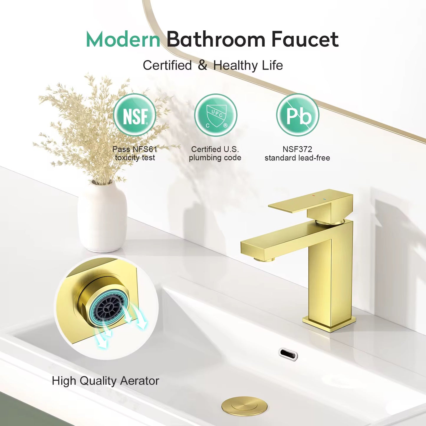 Brushed Gold Bathroom Faucet – Lead-Free Stainless Steel Single Handle Vanity Sink Faucet with cUPC Certified Hose, High-Quality Ceramic Cartridge – Corrosion & Rust Resistant