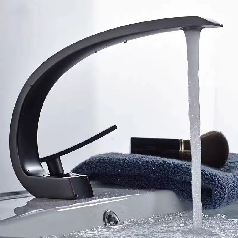 Modern Matte Black Bathroom Faucet – Single Handle, Contemporary Waterfall Spout Design 113-11B