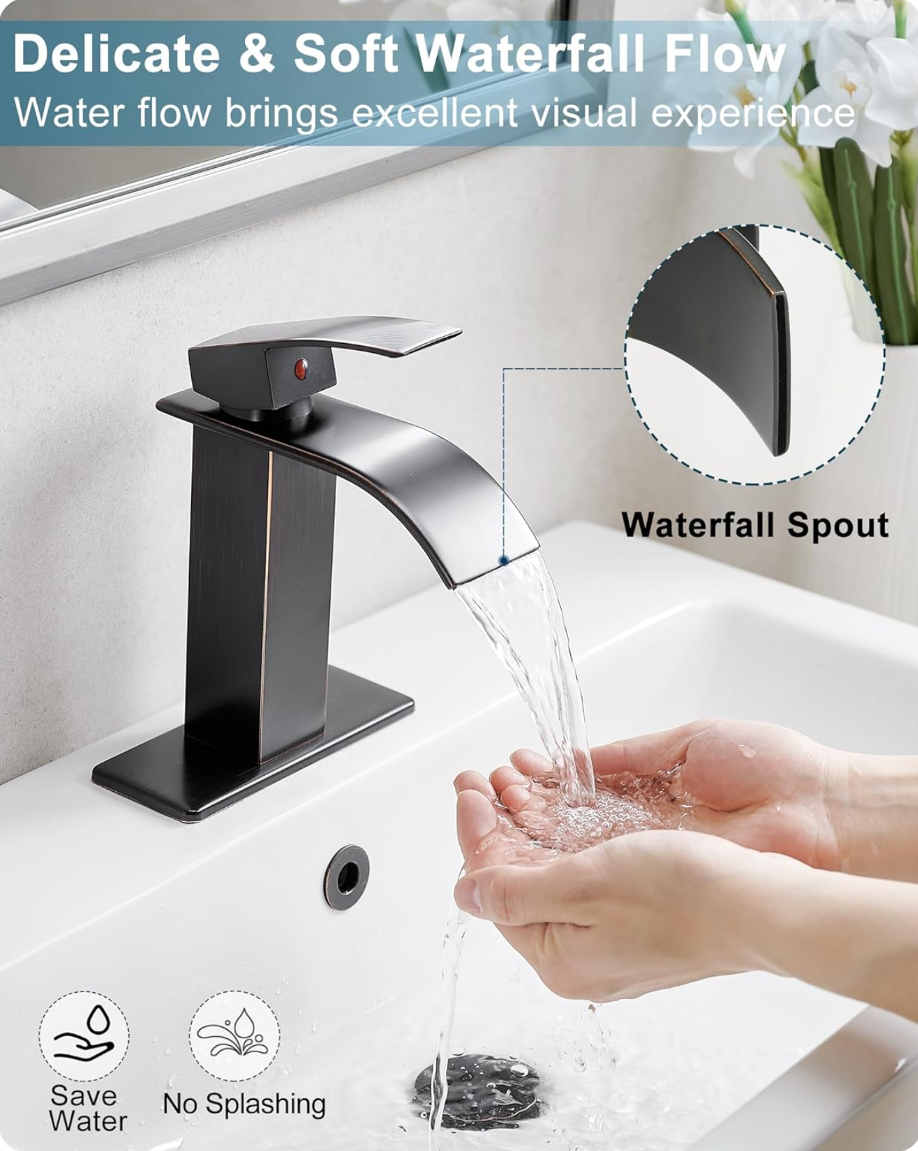 Modern Waterfall Bathroom Faucet – Single Handle Vanity Sink Faucet, Oil-Rubbed Bronze Finish, Deck Mount – Antique | Farmhouse | Retro Style Oil Rubbed Bronze 100-110RV