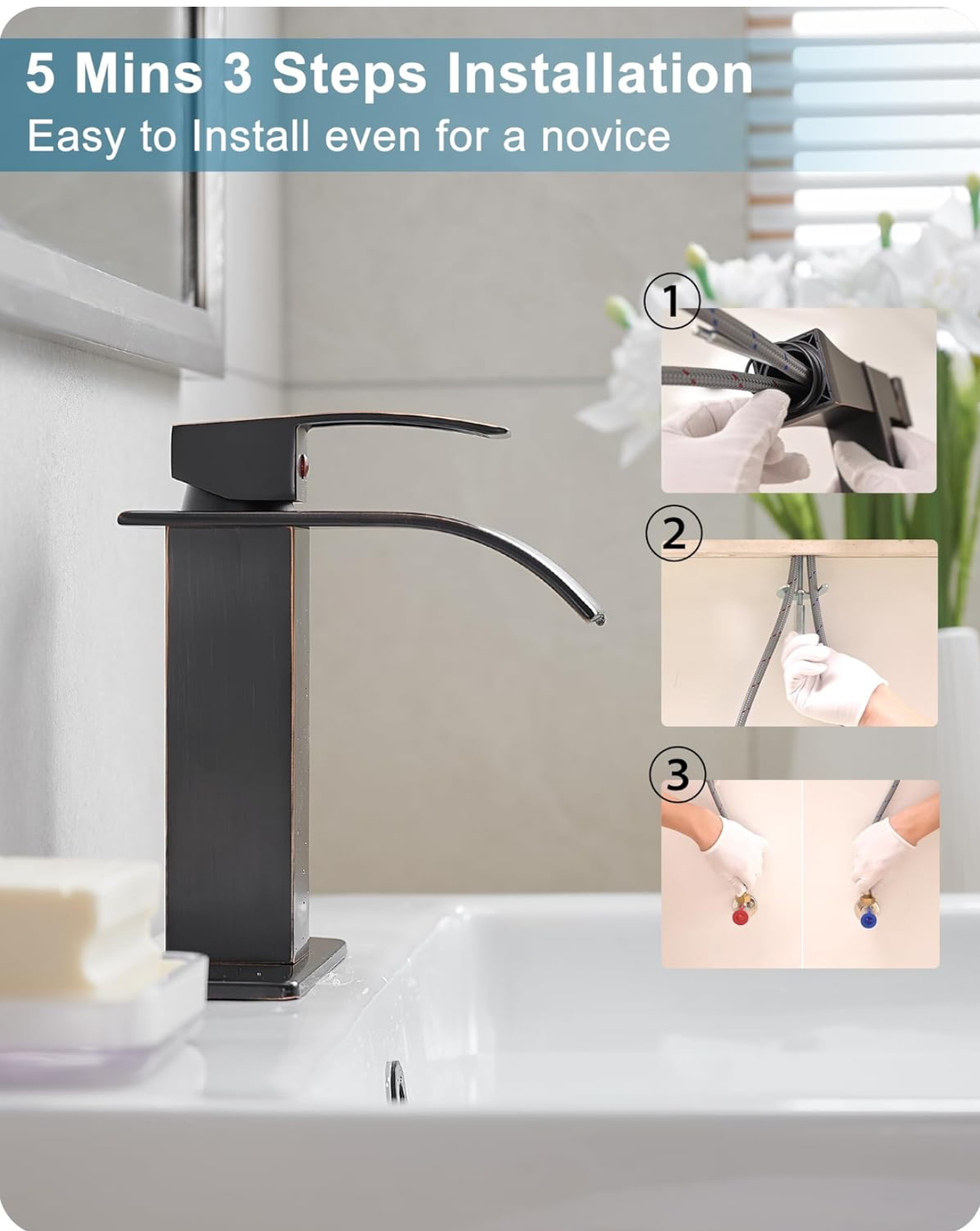 Modern Waterfall Bathroom Faucet – Single Handle Vanity Sink Faucet, Oil-Rubbed Bronze Finish, Deck Mount – Antique | Farmhouse | Retro Style Oil Rubbed Bronze 100-110RV