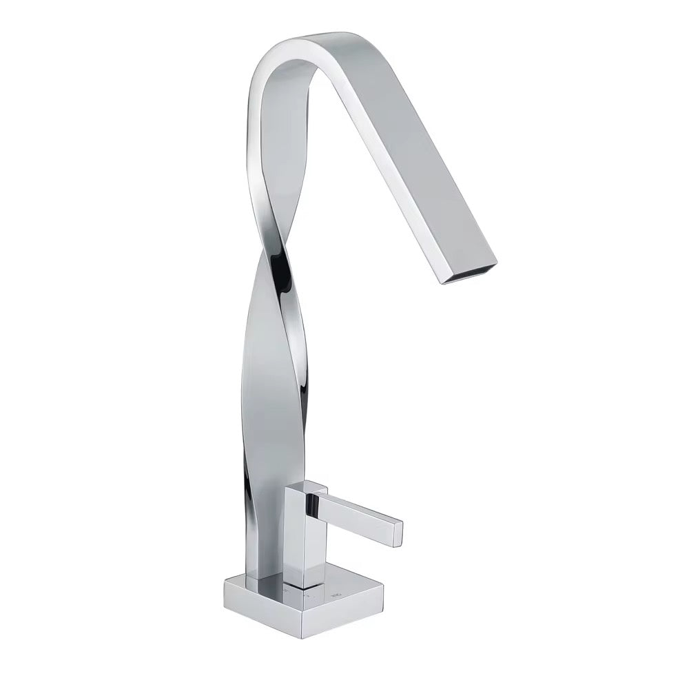 Modern Chrome Single-Handle Bathroom Faucet – Tall Waterfall Spout with Twist Neck Design, Contemporary Deck-Mount Faucet for Vanity Sink