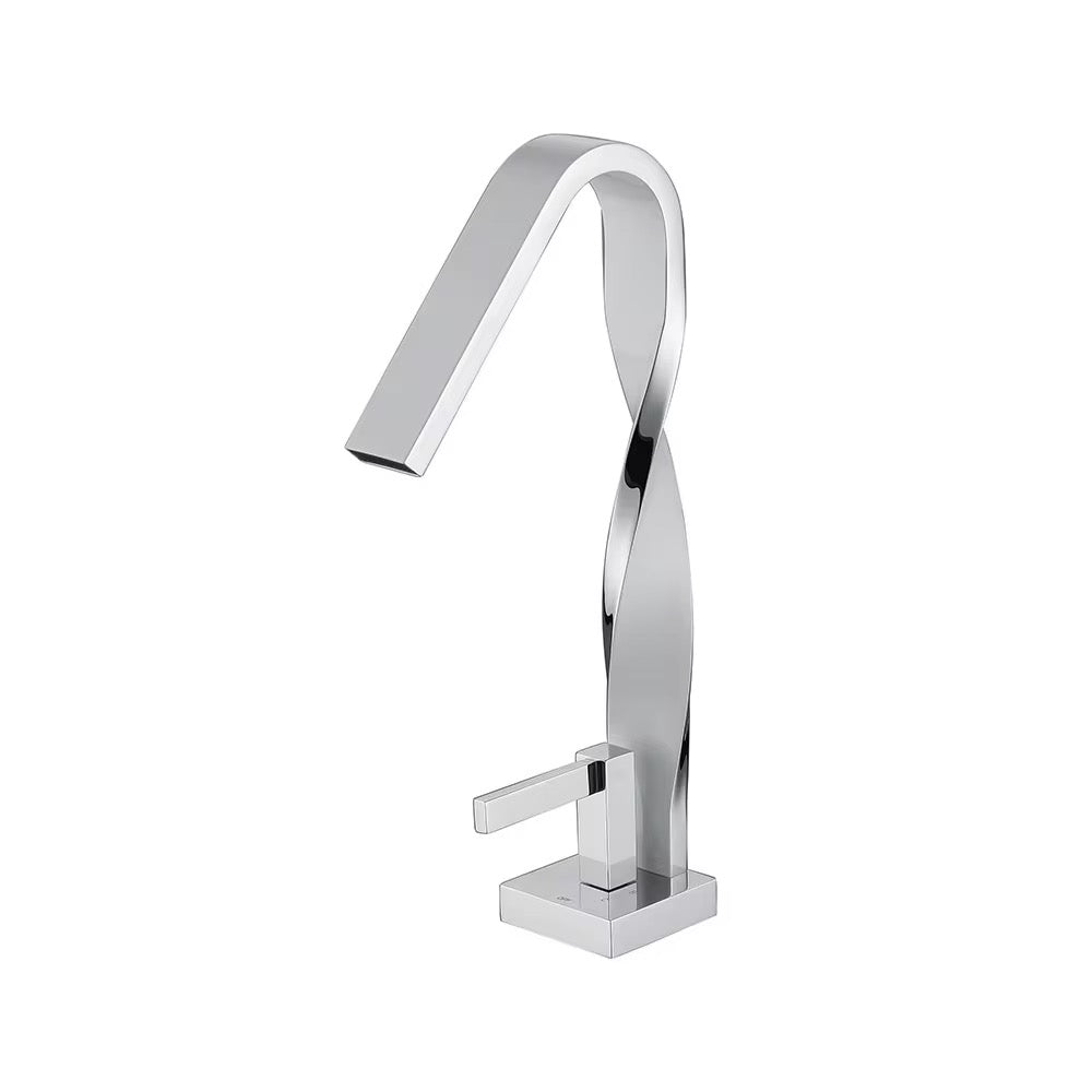 Modern Chrome Single-Handle Bathroom Faucet – Tall Waterfall Spout with Twist Neck Design, Contemporary Deck-Mount Faucet for Vanity Sink