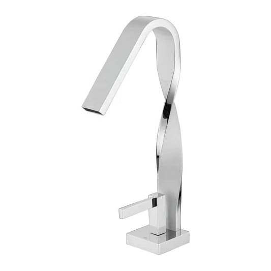 Modern Chrome Single-Handle Bathroom Faucet – Tall Waterfall Spout with Twist Neck Design, Contemporary Deck-Mount Faucet for Vanity Sink