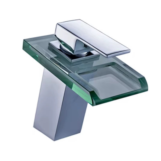 Glass Waterfall Bathroom Faucet – Single Handle Chrome Finish Basin Mixer Tap, Modern Deck Mount with Tempered Glass Spout