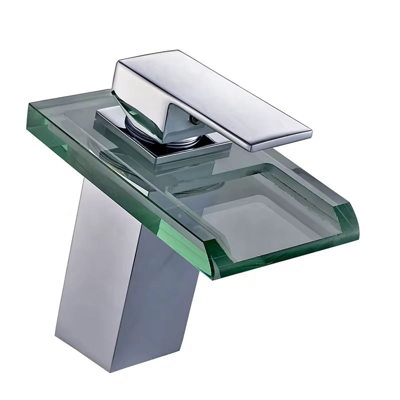 Glass Waterfall Bathroom Faucet – Single Handle Chrome Finish Basin Mixer Tap, Modern Deck Mount with Tempered Glass Spout