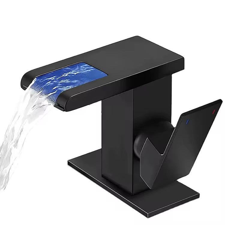 Matte Black Waterfall Bathroom Faucet – Single Handle Deck Mount Faucet with Wide Spout, Modern Square Design for Vanity Sink 876-11B