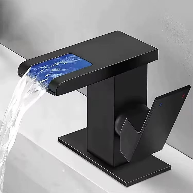 Matte Black Waterfall Bathroom Faucet – Single Handle Deck Mount Faucet with Wide Spout, Modern Square Design for Vanity Sink 876-11B
