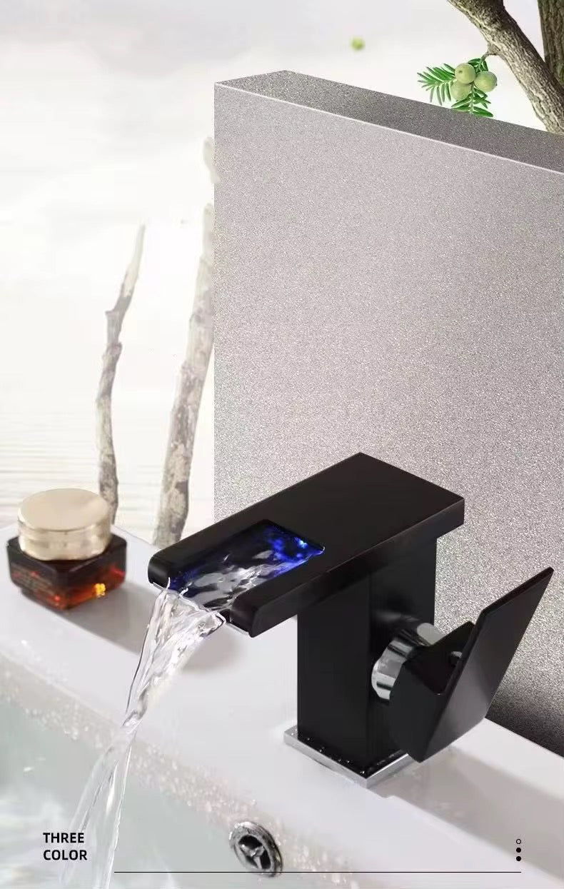 Matte Black Waterfall Bathroom Faucet – Single Handle Deck Mount Faucet with Wide Spout, Modern Square Design for Vanity Sink 876-11B