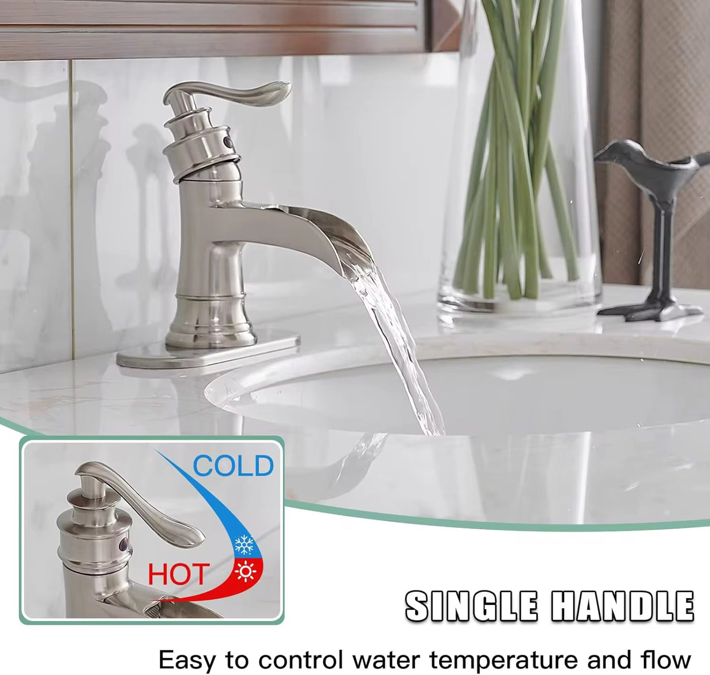 Brushed Nickel Waterfall Bathroom Faucet – Single Handle, Centerset Vanity Sink Faucet with Pop-Up Drain – Modern Farmhouse Design 107-11N