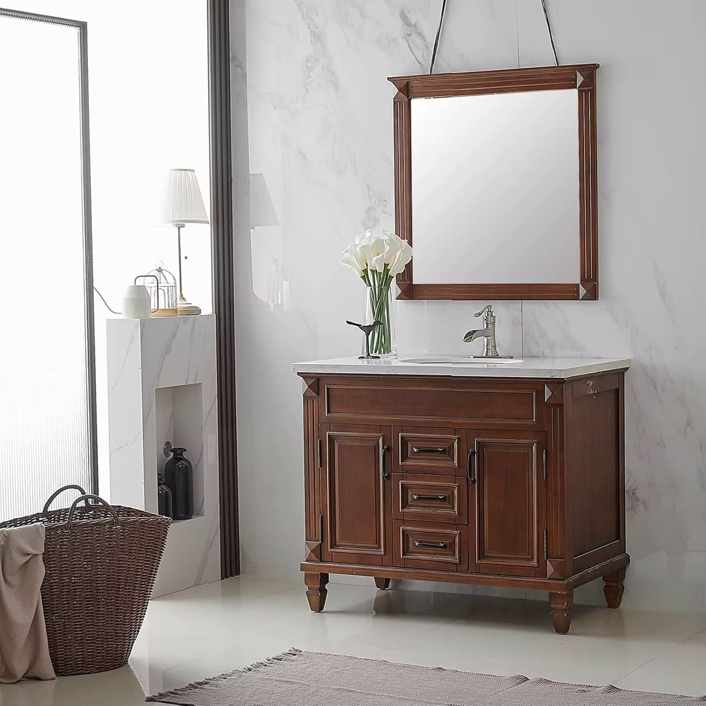 Brushed Nickel Waterfall Bathroom Faucet – Single Handle, Centerset Vanity Sink Faucet with Pop-Up Drain – Modern Farmhouse Design 107-11N