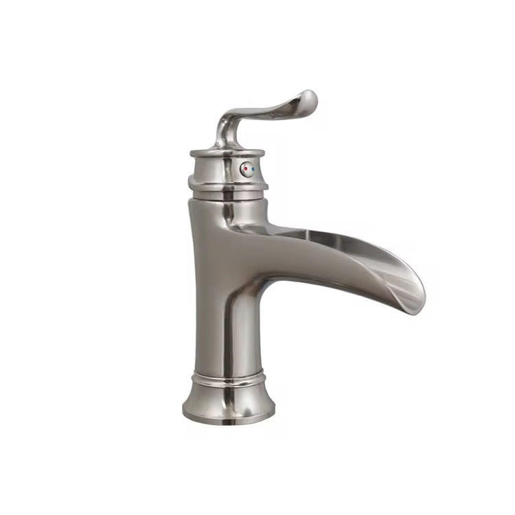 Brushed Nickel Waterfall Bathroom Faucet – Single Handle, Centerset Vanity Sink Faucet with Pop-Up Drain – Modern Farmhouse Design 107-11N