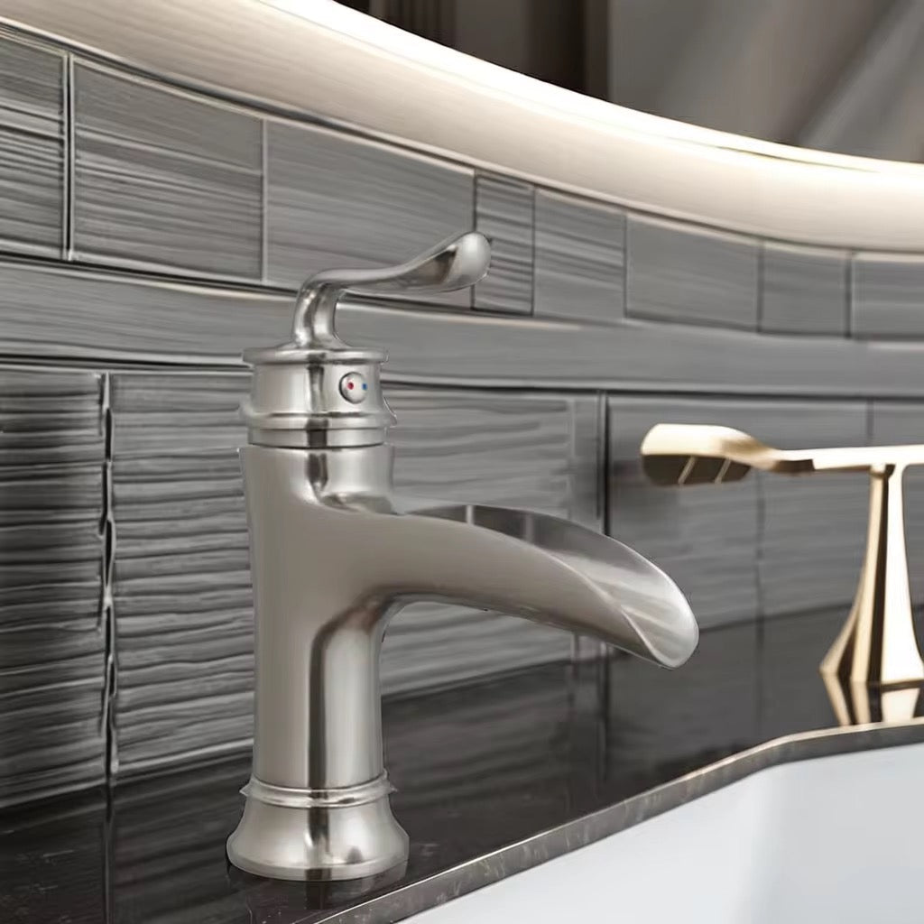 Brushed Nickel Waterfall Bathroom Faucet – Single Handle, Centerset Vanity Sink Faucet with Pop-Up Drain – Modern Farmhouse Design 107-11N