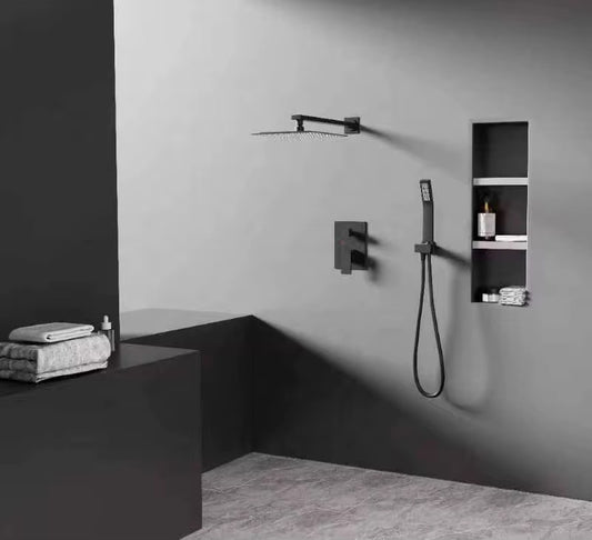 10-Inch Rainfall Shower System with Handheld – Matte Black Wall-Mounted Shower Faucet Set, Stainless Steel Top Spray, Dual Speed Temperature Controller HS196-55B
