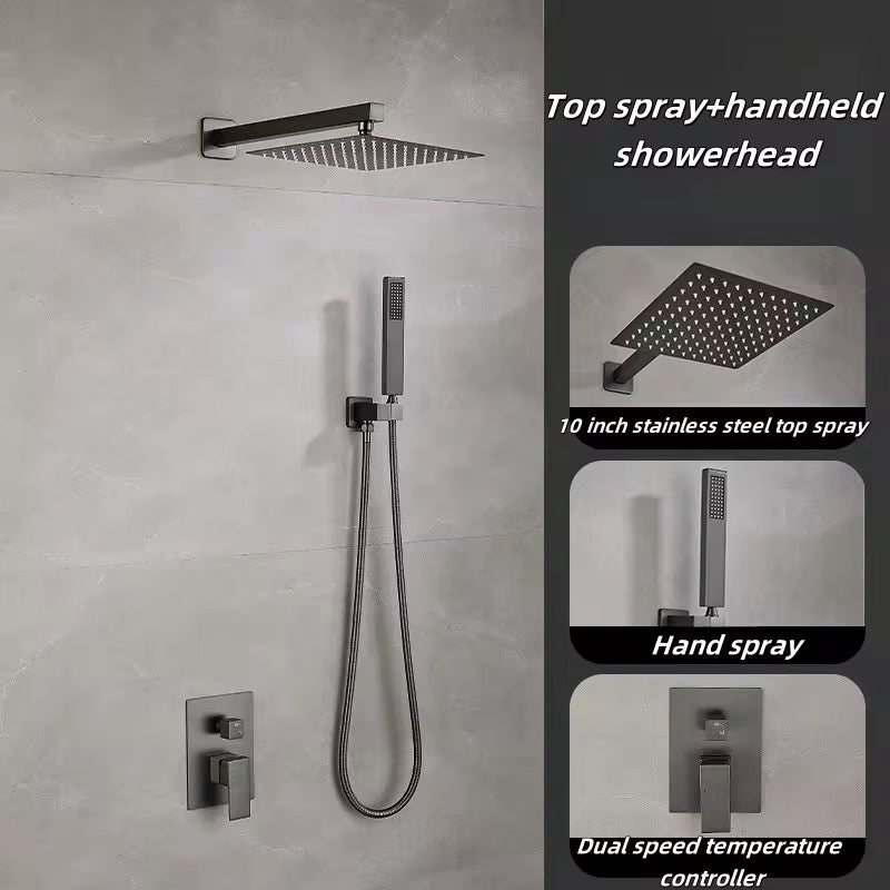 10-Inch Rainfall Shower System with Handheld – Matte Black Wall-Mounted Shower Faucet Set, Stainless Steel Top Spray, Dual Speed Temperature Controller HS196-55B