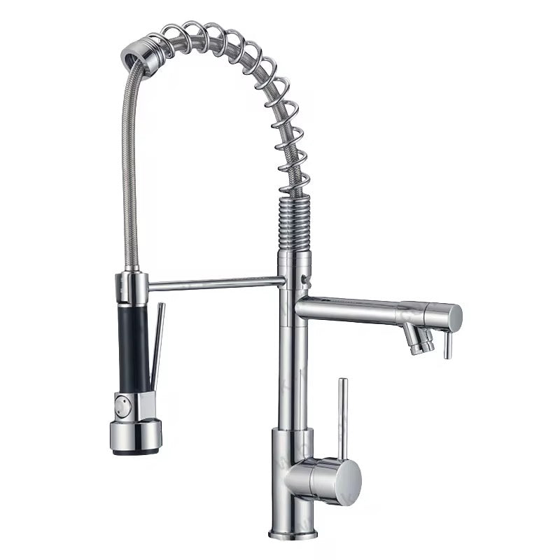Commercial Kitchen Faucet with Pull Down Sprayer and Pot Filler – Dual Handle, High Arc Spring Design, 360° Swivel Spout, Deck Mount,Brushed Nickel 1010-33N