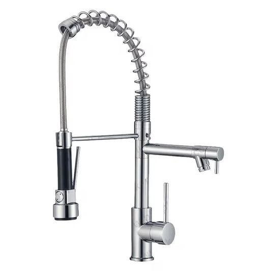 Commercial Kitchen Faucet with Pull Down Sprayer and Pot Filler – Dual Handle, High Arc Spring Design, 360° Swivel Spout, Deck Mount,Brushed Nickel 1010-33N
