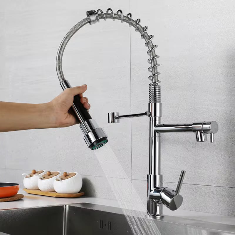 Commercial Kitchen Faucet with Pull Down Sprayer and Pot Filler – Dual Handle, High Arc Spring Design, 360° Swivel Spout, Deck Mount,Brushed Nickel 1010-33N