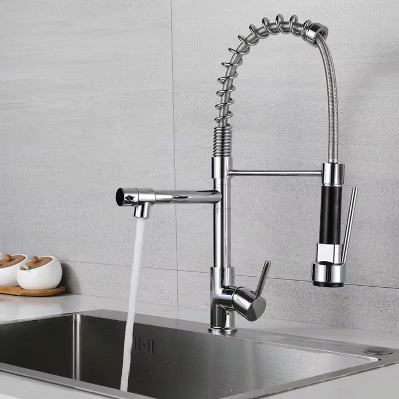 Commercial Kitchen Faucet with Pull Down Sprayer and Pot Filler – Dual Handle, High Arc Spring Design, 360° Swivel Spout, Deck Mount,Brushed Nickel 1010-33N