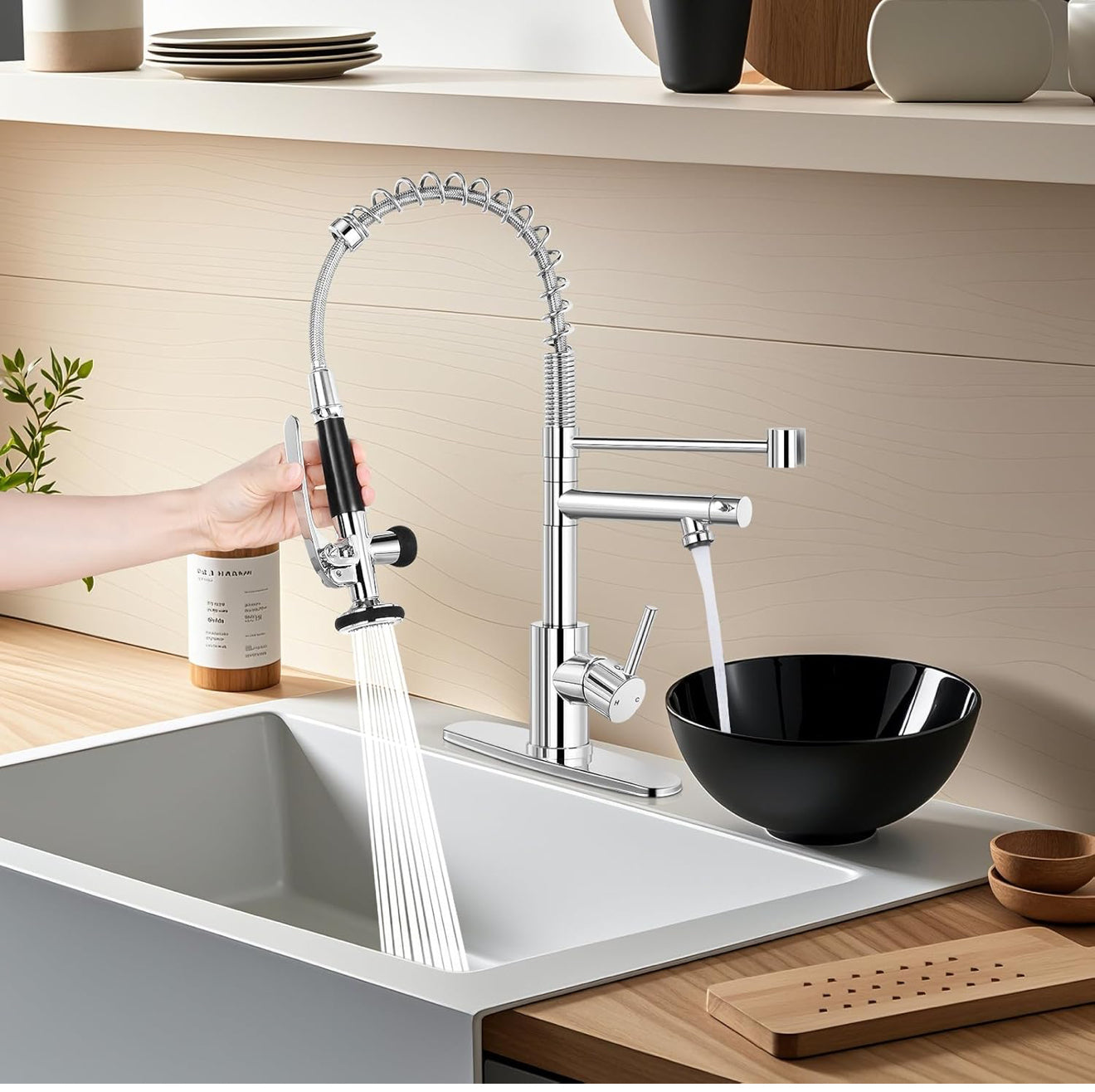 Commercial Kitchen Faucet with Pull Down Sprayer and Pot Filler – Dual Handle, High Arc Spring Design, 360° Swivel Spout, Deck Mount,Brushed Nickel 1010-33N